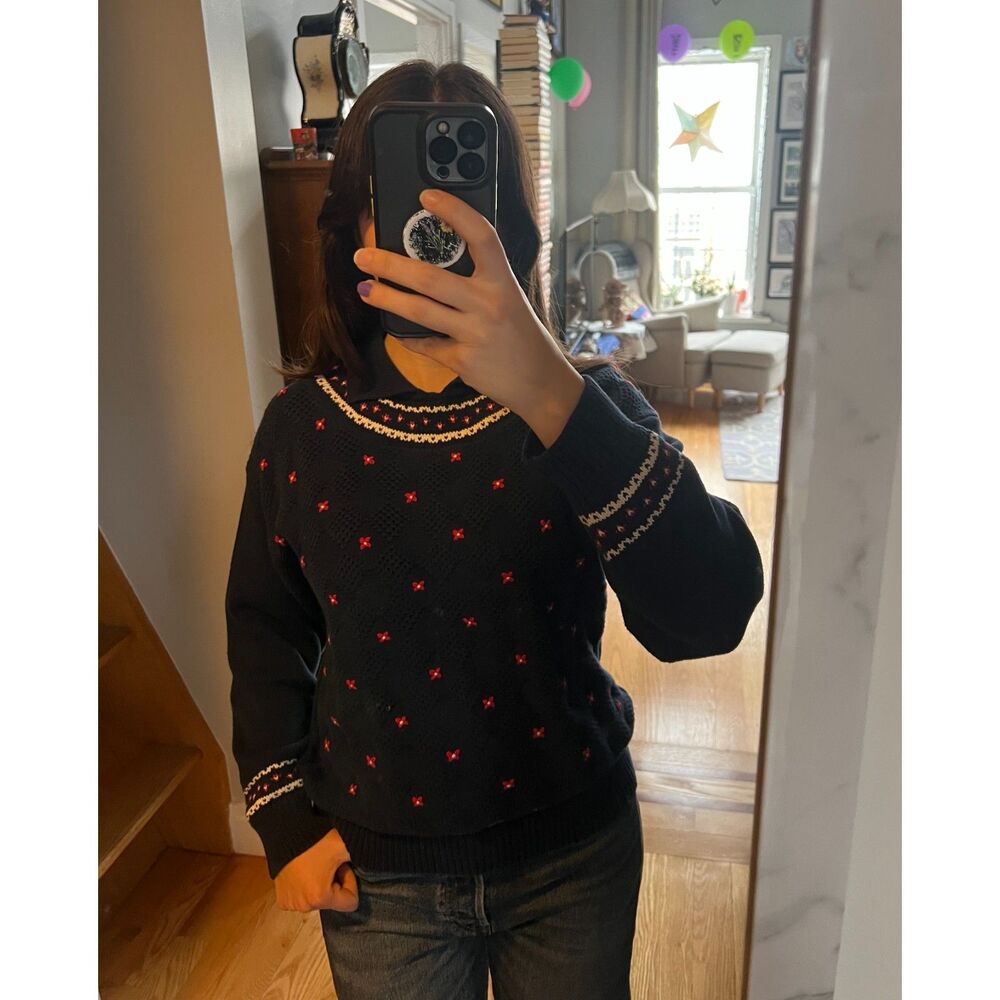 Vintage 90s Y2K Cotton Knit Sweater Textured Flowers Collar Women's Size Medium